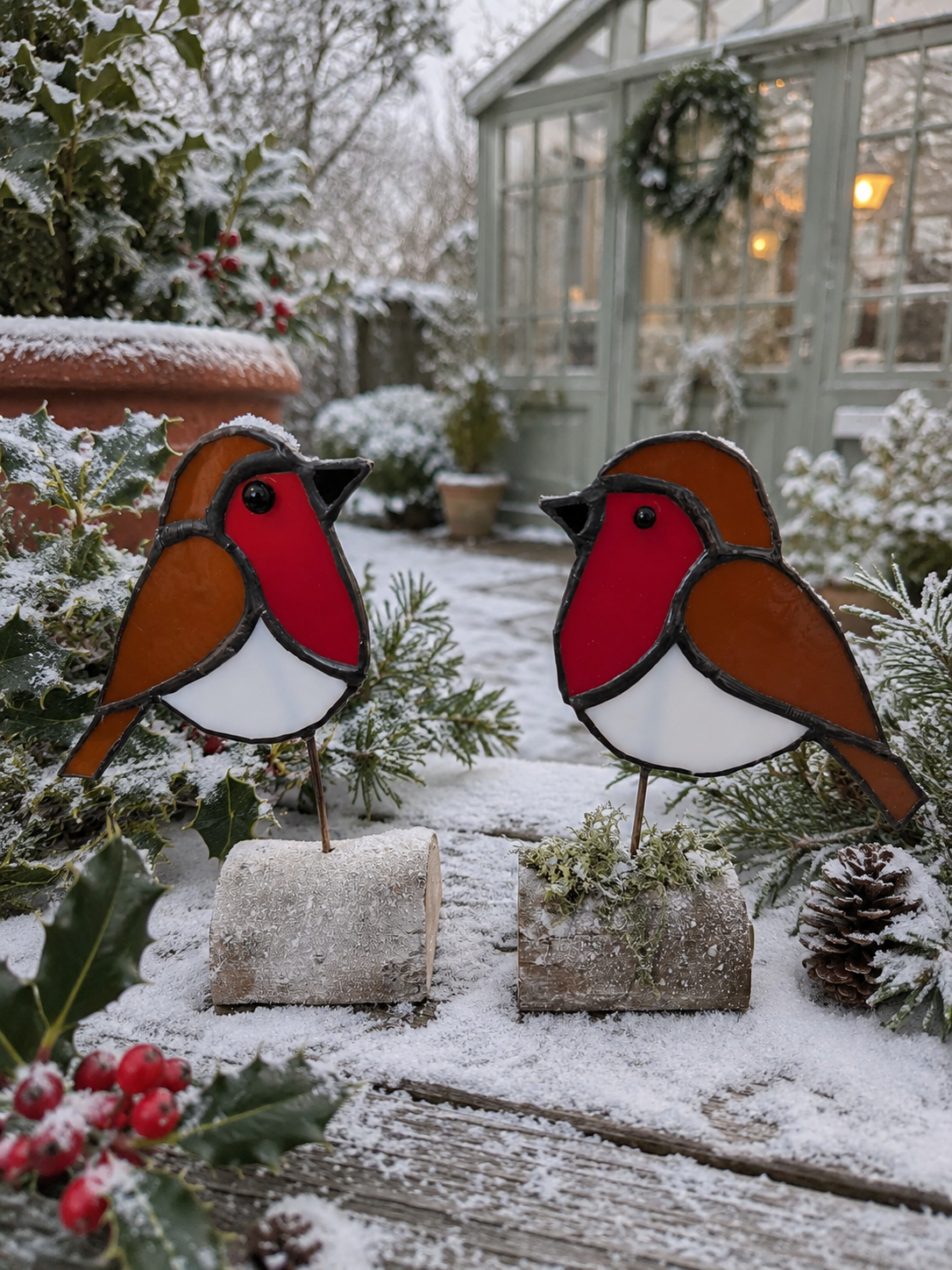 Hand made stained glass Robins on a log