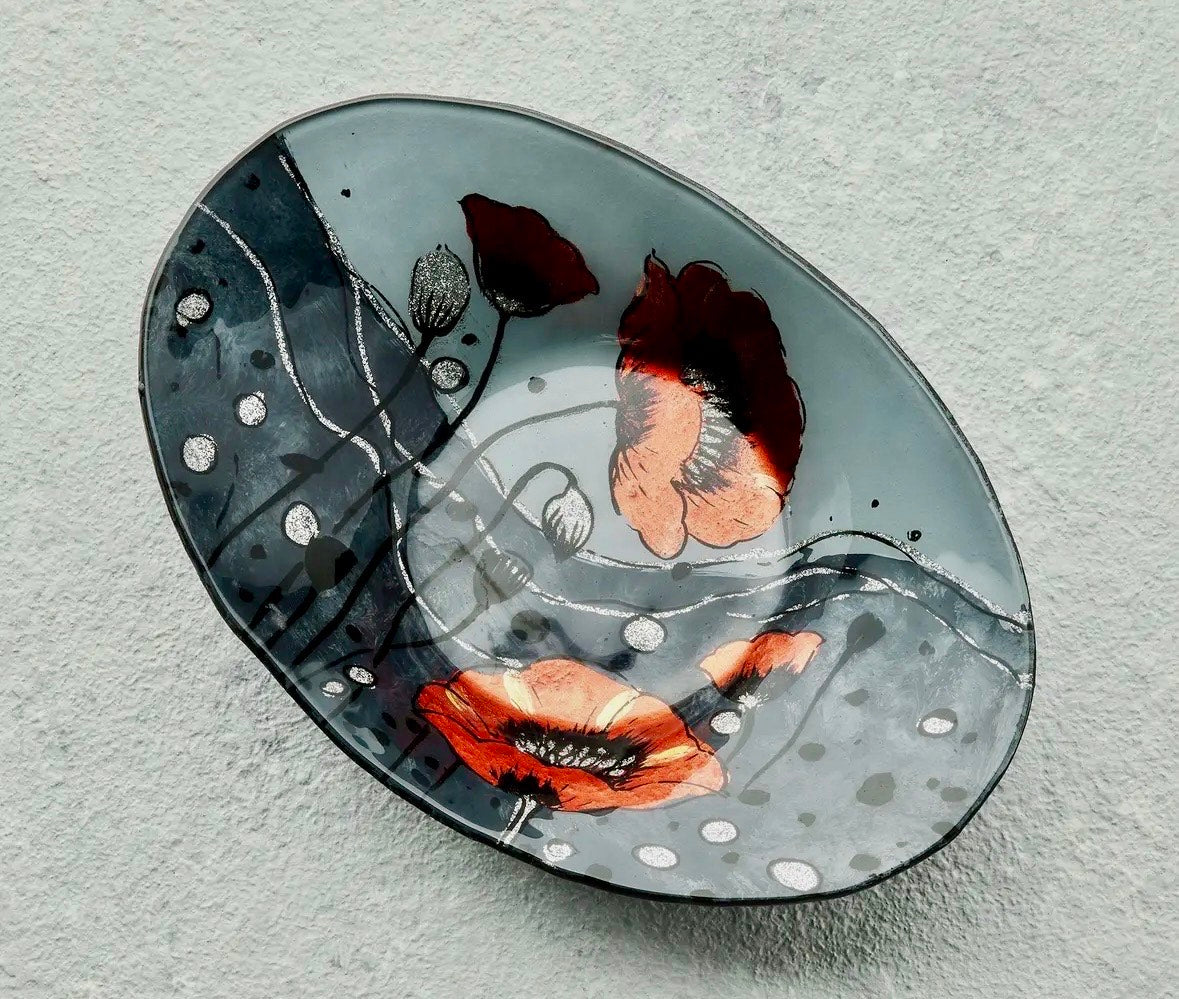 Oval Poppy Plate and cherry blossom bird