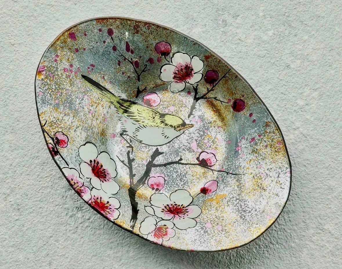 Oval Poppy Plate and cherry blossom bird