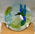 Handmade Fused Glass Hummingbird on Oak Wood Stand
