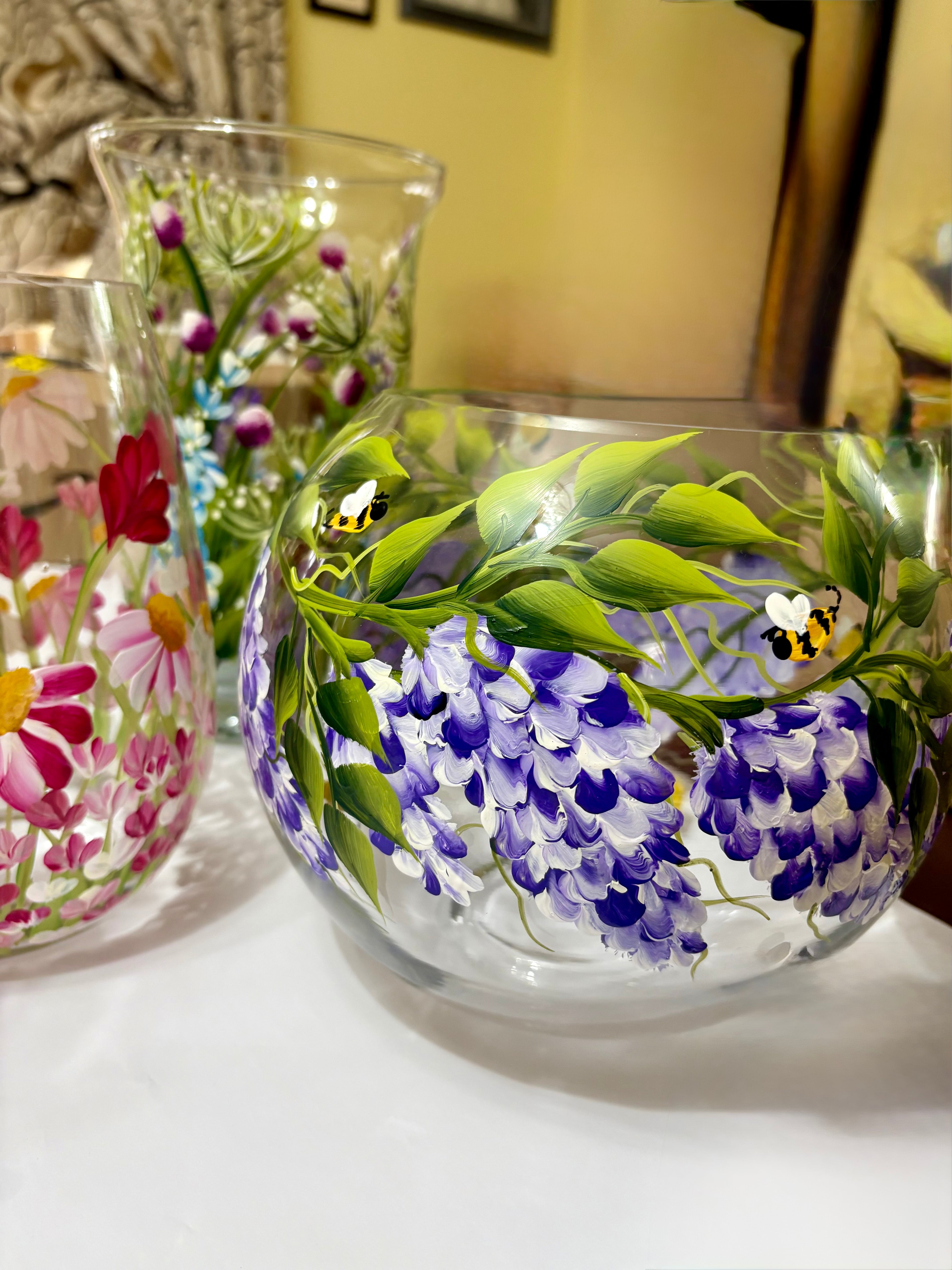 Hand painted wisteria and bummble bees glass vase