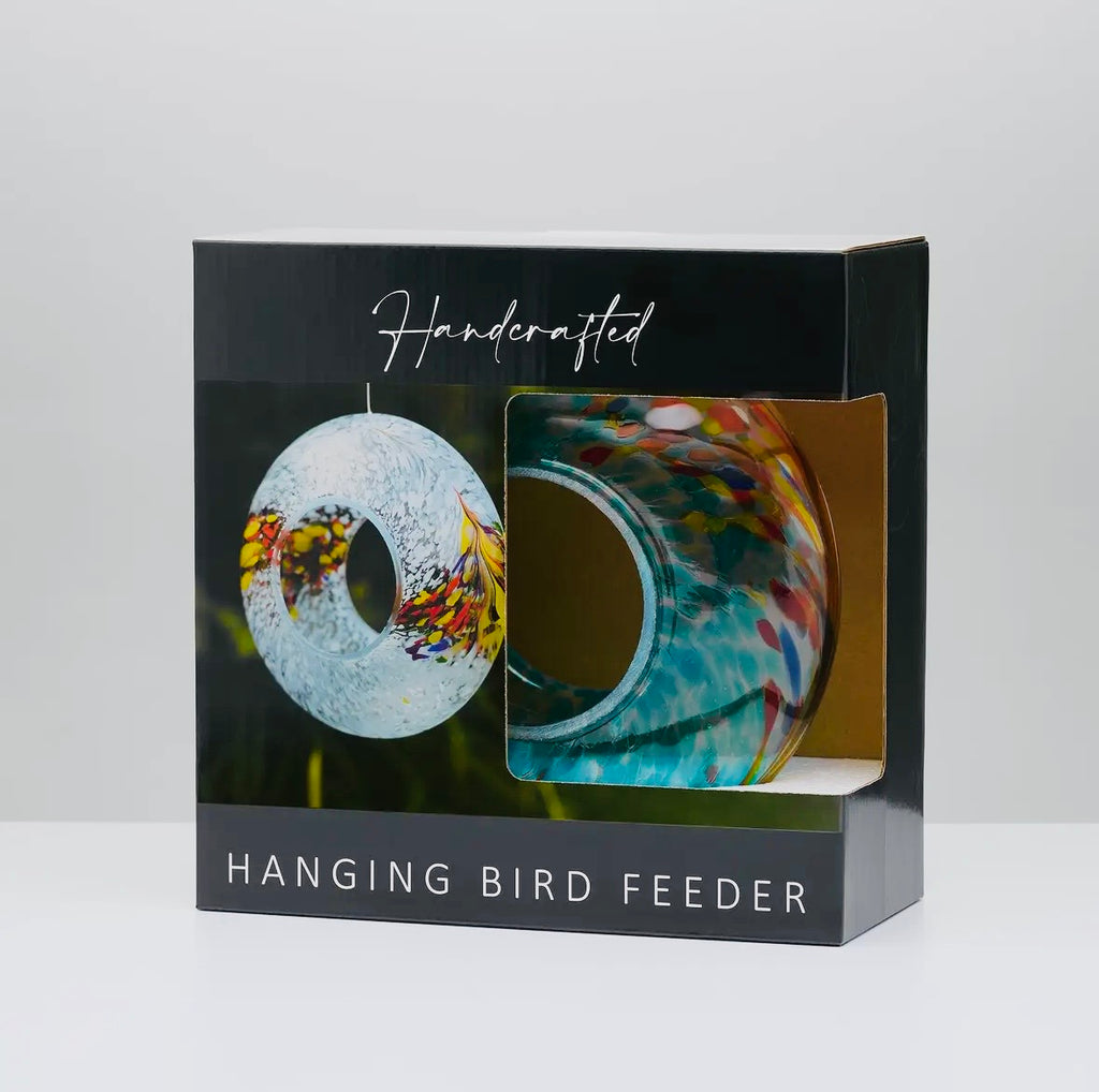 Glass garden bird feeders in multiple colours