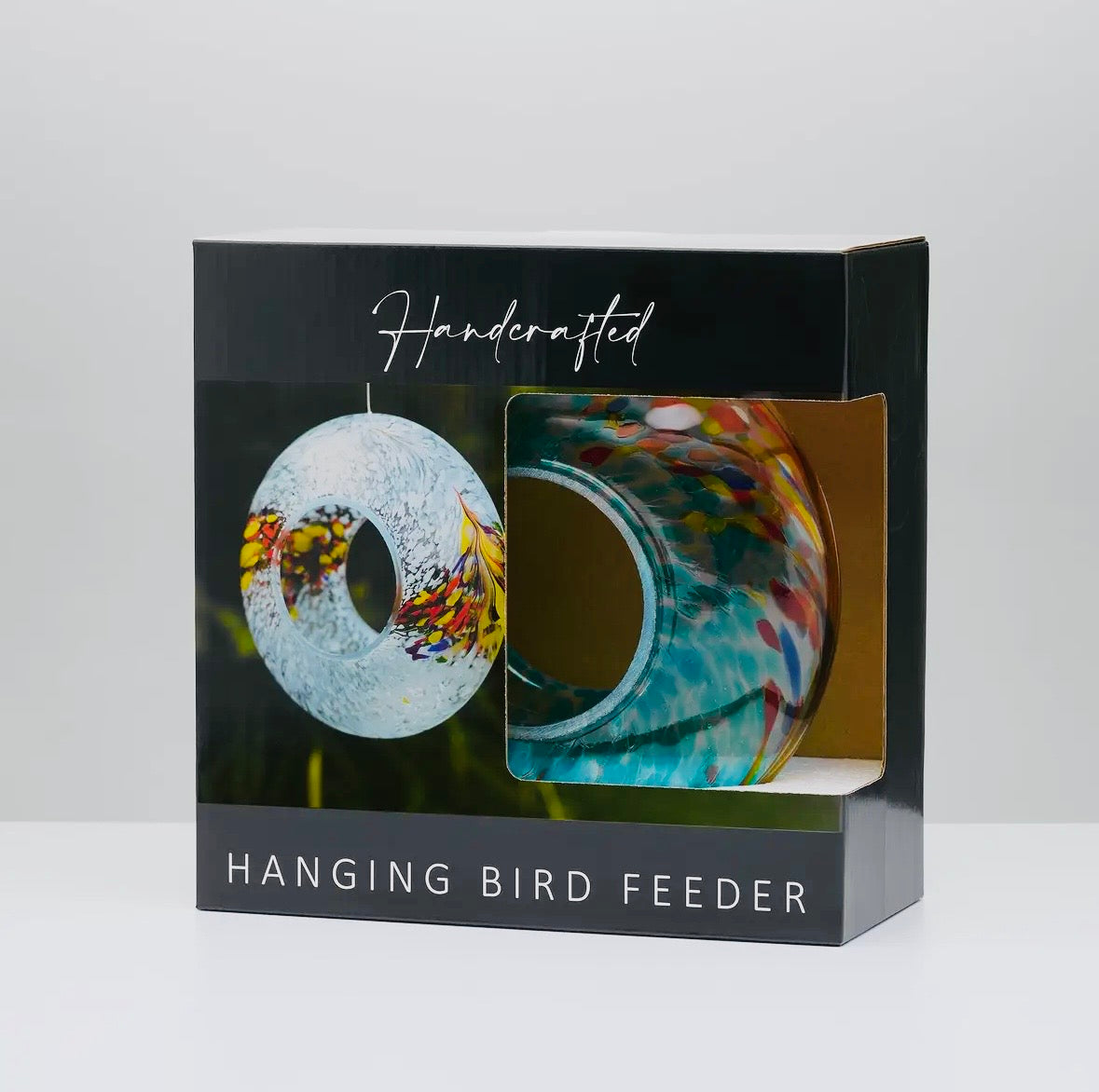 Glass garden bird feeders in multiple colours