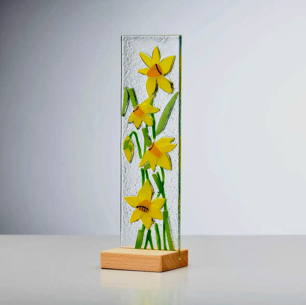 Glass Daffodil and Poppy decorative plaque