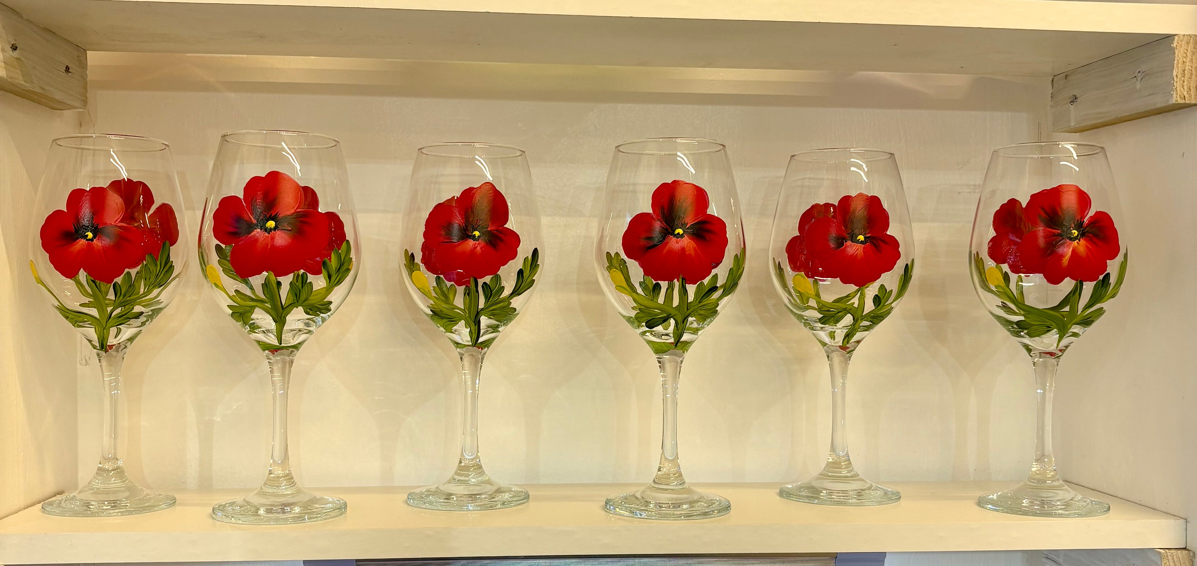 Hand painted poppy wine glasses
