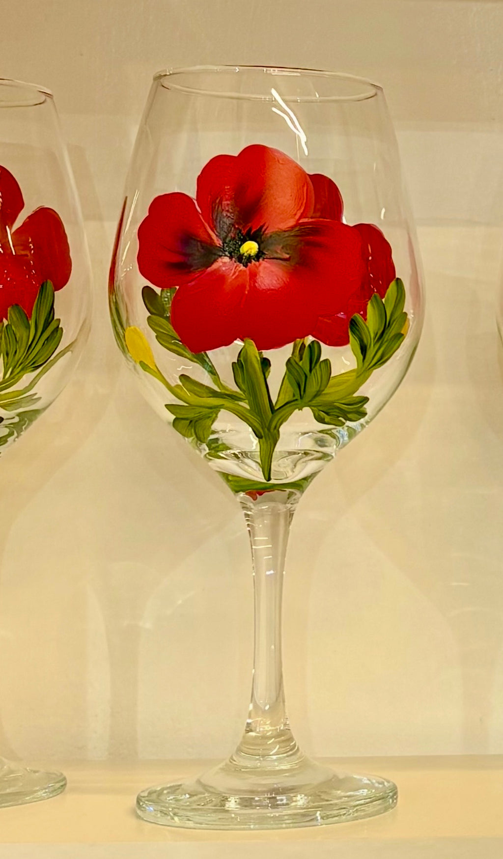 Hand painted poppy wine glasses