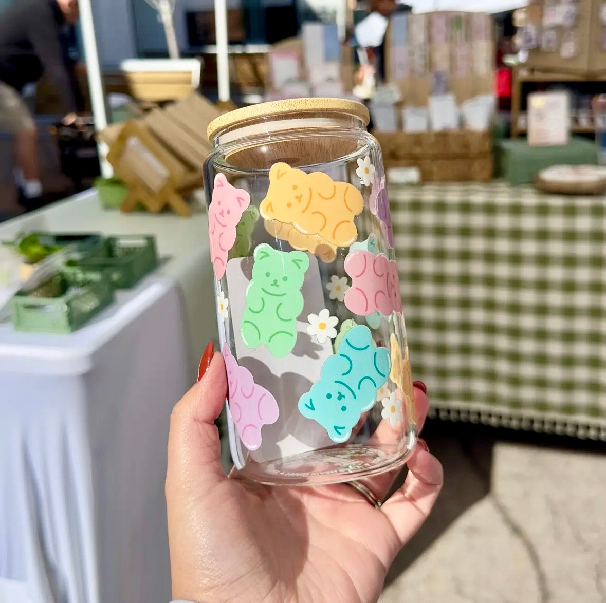 Fun design glass cups with straws in 4 different designs