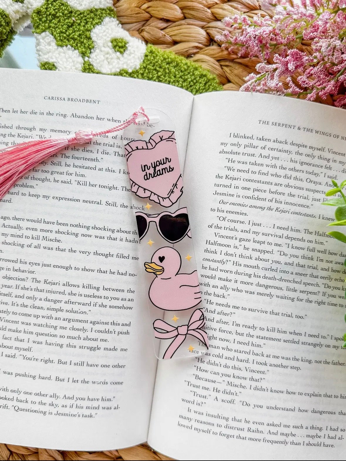 Glass like acrylic book marks in 7 different designs with silk tassels