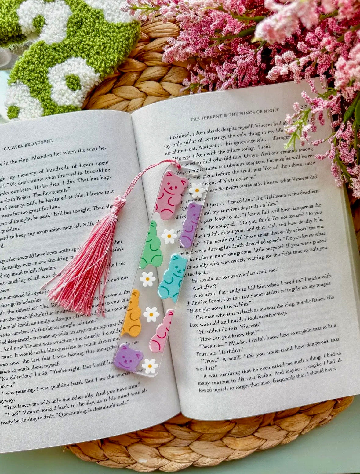 Glass like acrylic book marks in 7 different designs with silk tassels