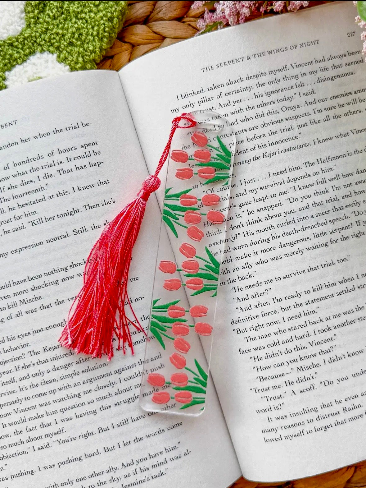 Glass like acrylic book marks in 7 different designs with silk tassels