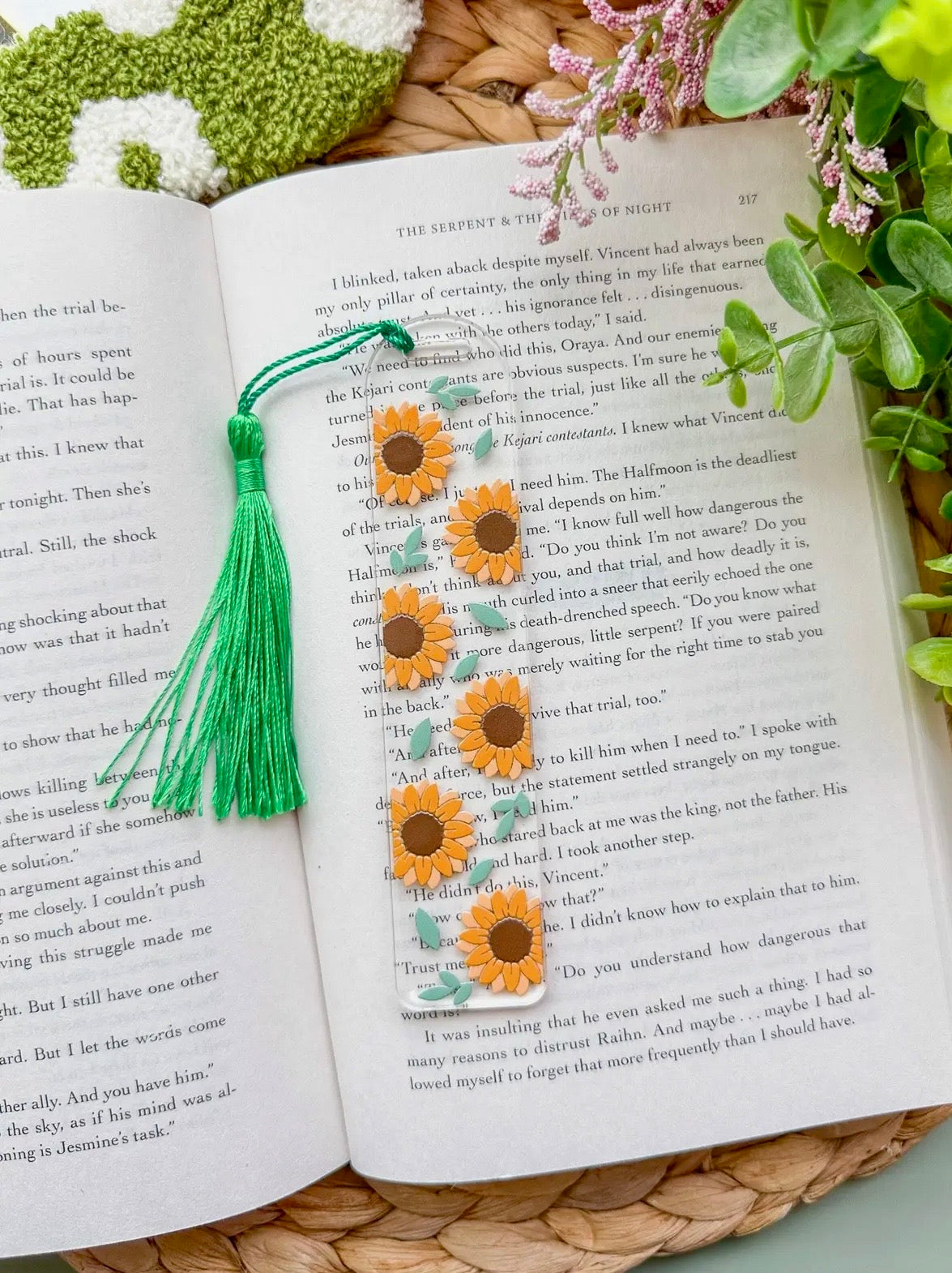 Glass like acrylic book marks in 7 different designs with silk tassels