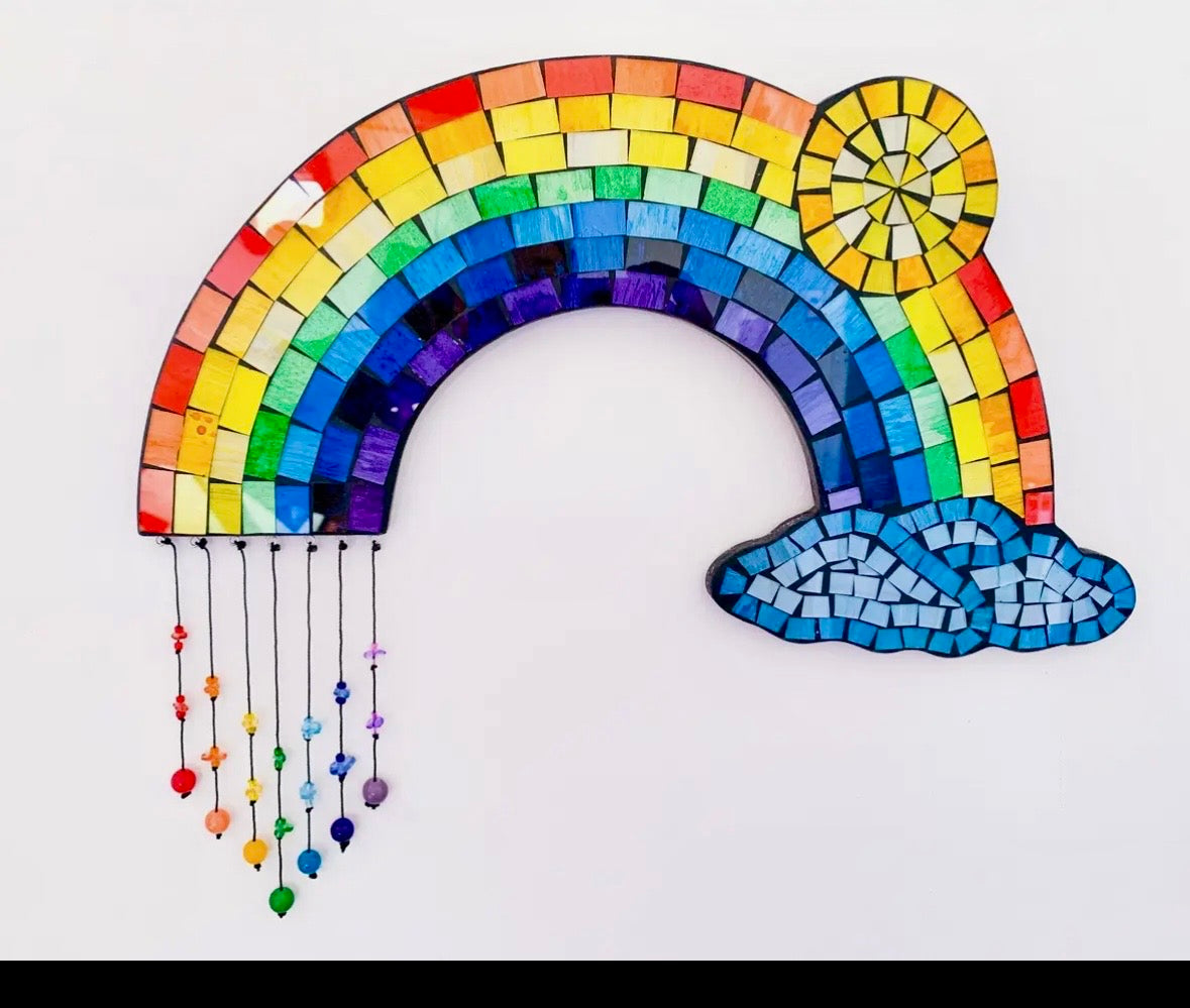 Rainbow glass mosaic with hanging rain drops